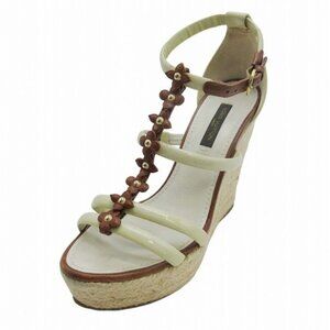 ❌SOLD❌Authentic Louis Vuitton Cream & Brown Leather/Enamel Flower Wedge Sandals